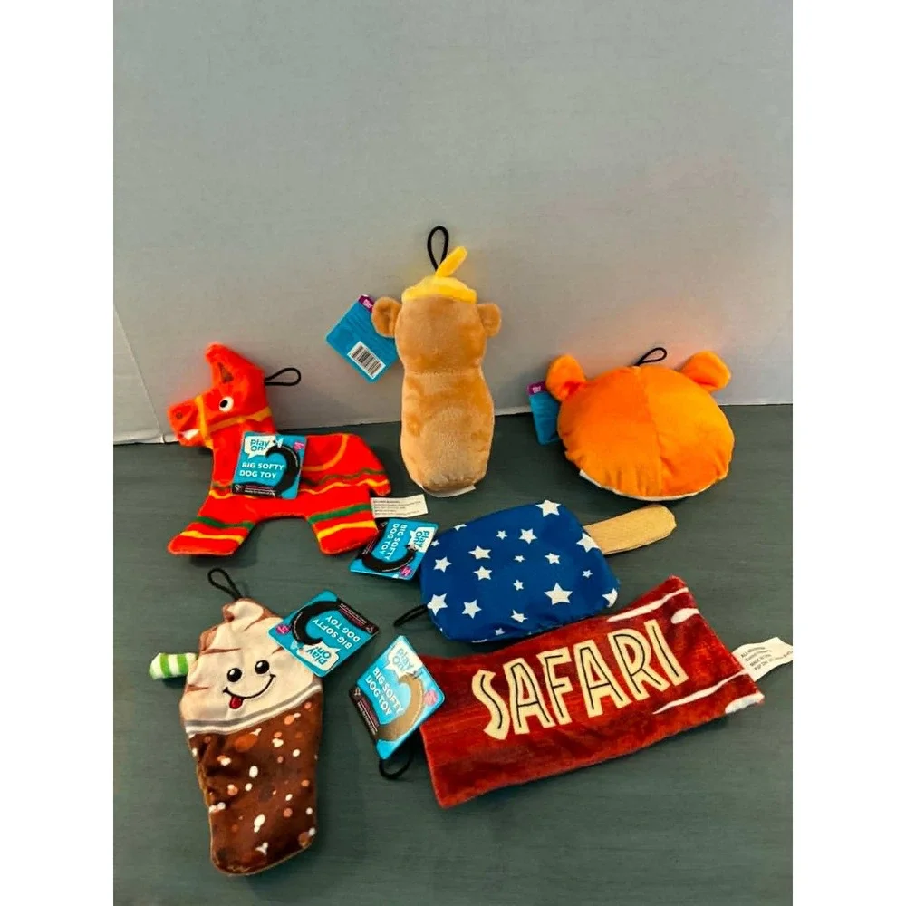 Play On Big Softy Dog Toy Bundle 6pc Multicolor New Plush Squeaky Variety Set